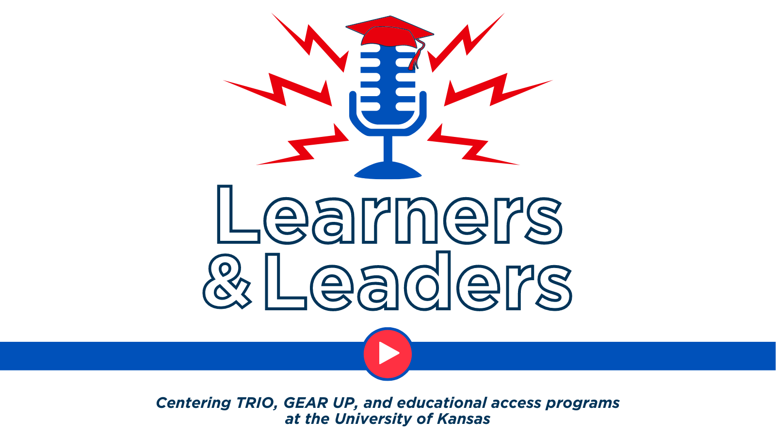The podcast logo that shows a graphic of a blue microphone with a red graduation cap and text says "Learners and leaders. Centering TRIO, GEAR UP, and educational access programs at the University of Kansas